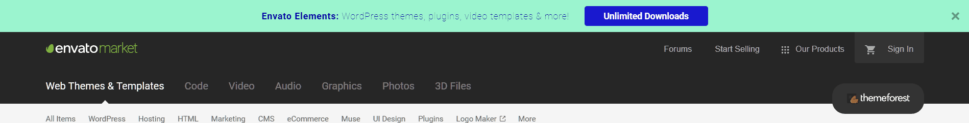 Envato Elements on Envato Market, 可關掉的置頂橫幅